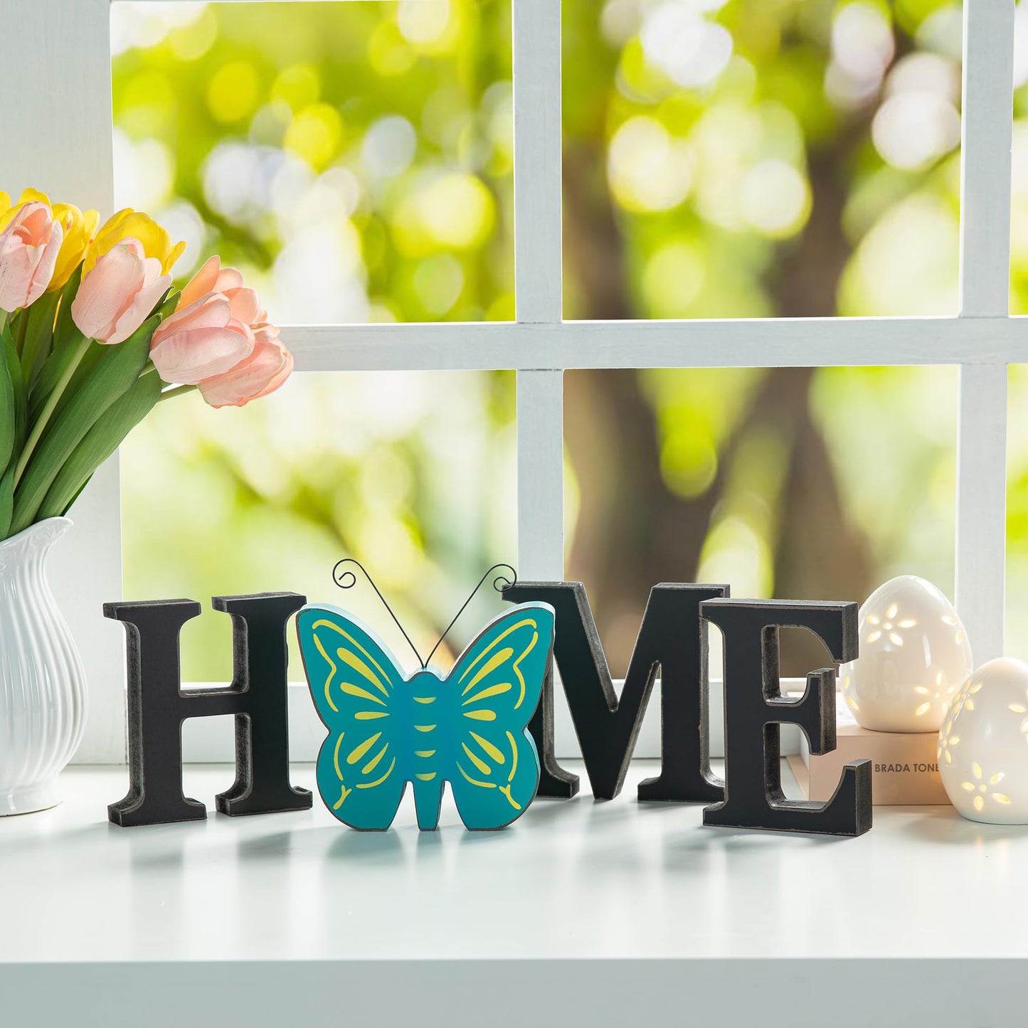 Glitzhome Interchangeable Home Table Signs with 13 Pcs Seasonal Icons, Wooden Changeable Home Sign for Holiday Decor, HOME Letter Sign Ornaments Set Interchangeable Holiday Decorative Shelf Blocks