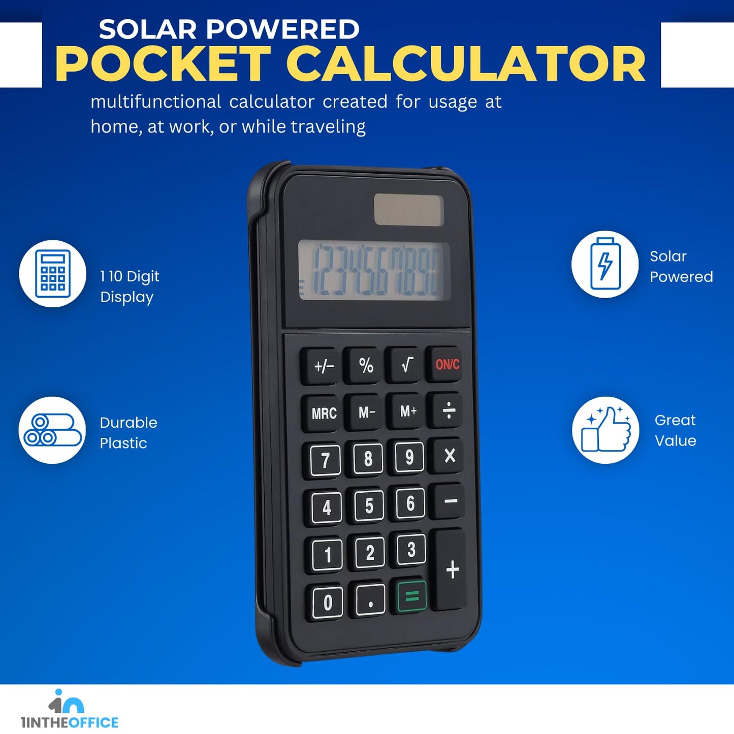 1InTheOffice 10 Digit Pocket Calculator, Dual Powered Handheld (Solar and Battery), Black, 1 Pack