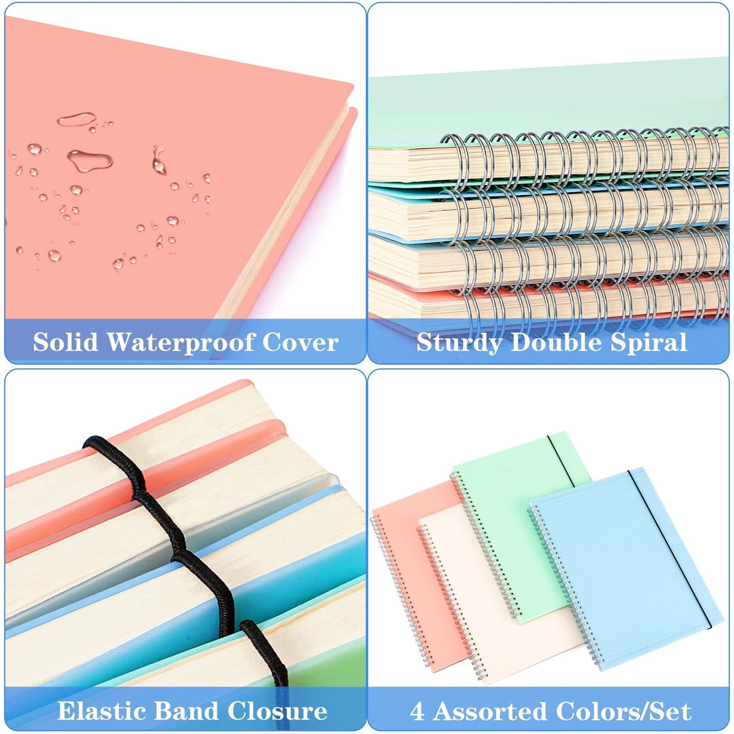 Spiral Notebook, College Ruled Notebook Journal, 4 Pack Large B5 Lined Notebooks for Work, School, Notes Taking, 8" x 10" Subject Notebook, 560 Thick Paper, 24pcs Index Tabs, Assorted Pastel Notebook