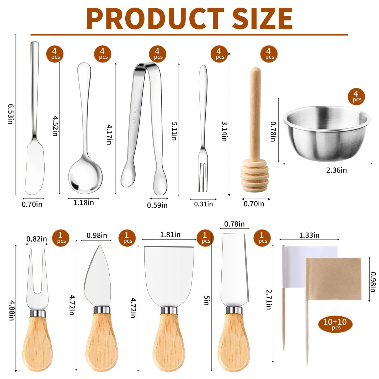 48 Pcs Charcuterie Boards Accessories Butter Spreader Knives Set Stainless Steel Cheese Mini Serving Tongs Spoons Forks Dipping Bowl Toothpick Flags Utensil for Pastry Making Wedding Christmas(Sliver)