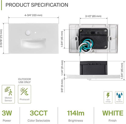 ASD LED Recessed Step Light Fixture, Dusk to Dawn Outdoor Tread Lighting | 3CCT, Motion Sensor, Photocell, Waterproof, ETL Listed | 3W 120LM 3000K-5000K 120V | Staircase Illumination | White, 12 Pack