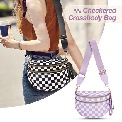 Checkered Crossbody Bag,Nylon Bum Bags for Women Crossbody,Spacious Sling Bag Purse Fanny Packs with Shoulder Strap