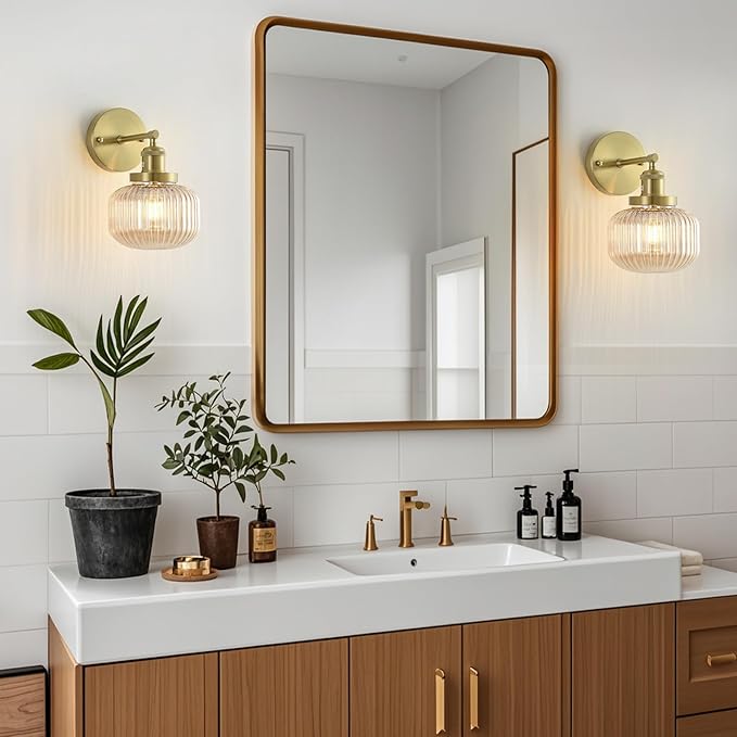 Vintage Wall Sconces with Amber Pumpkin Glass Lampshade, Indoor Bathroom Wall Sconce, Modern Gold Industrial Lighting Fixture for Mirror Living Room Hallway 1 Pack