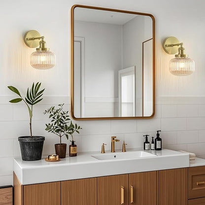 Vintage Wall Sconces with Amber Pumpkin Glass Lampshade, Indoor Bathroom Wall Sconce, Modern Gold Industrial Lighting Fixture for Mirror Living Room Hallway 1 Pack