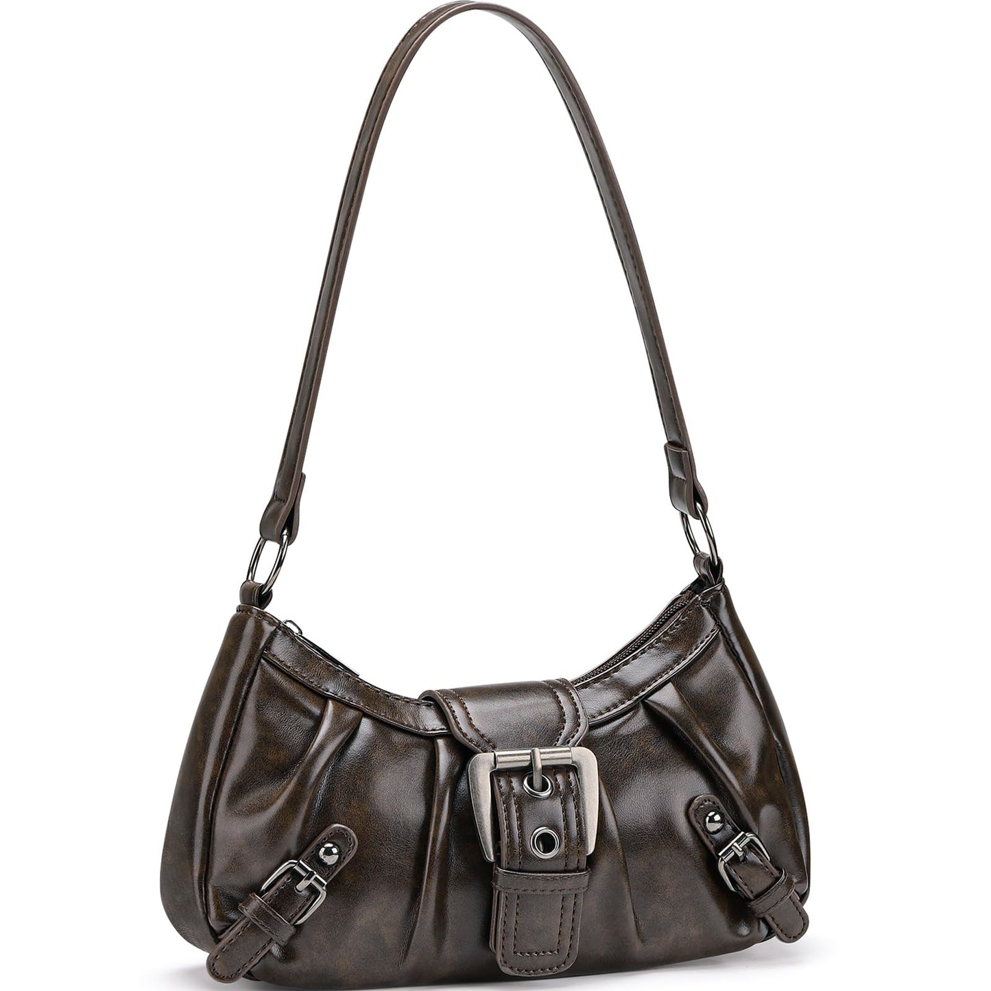 WantGor Women's Shoulder Bag Clutch Tote Bags Top Handle Purse Zipper Vintage Handbag Buckle Punk Hobo Purses Trendy Underarm Bag (Brown)