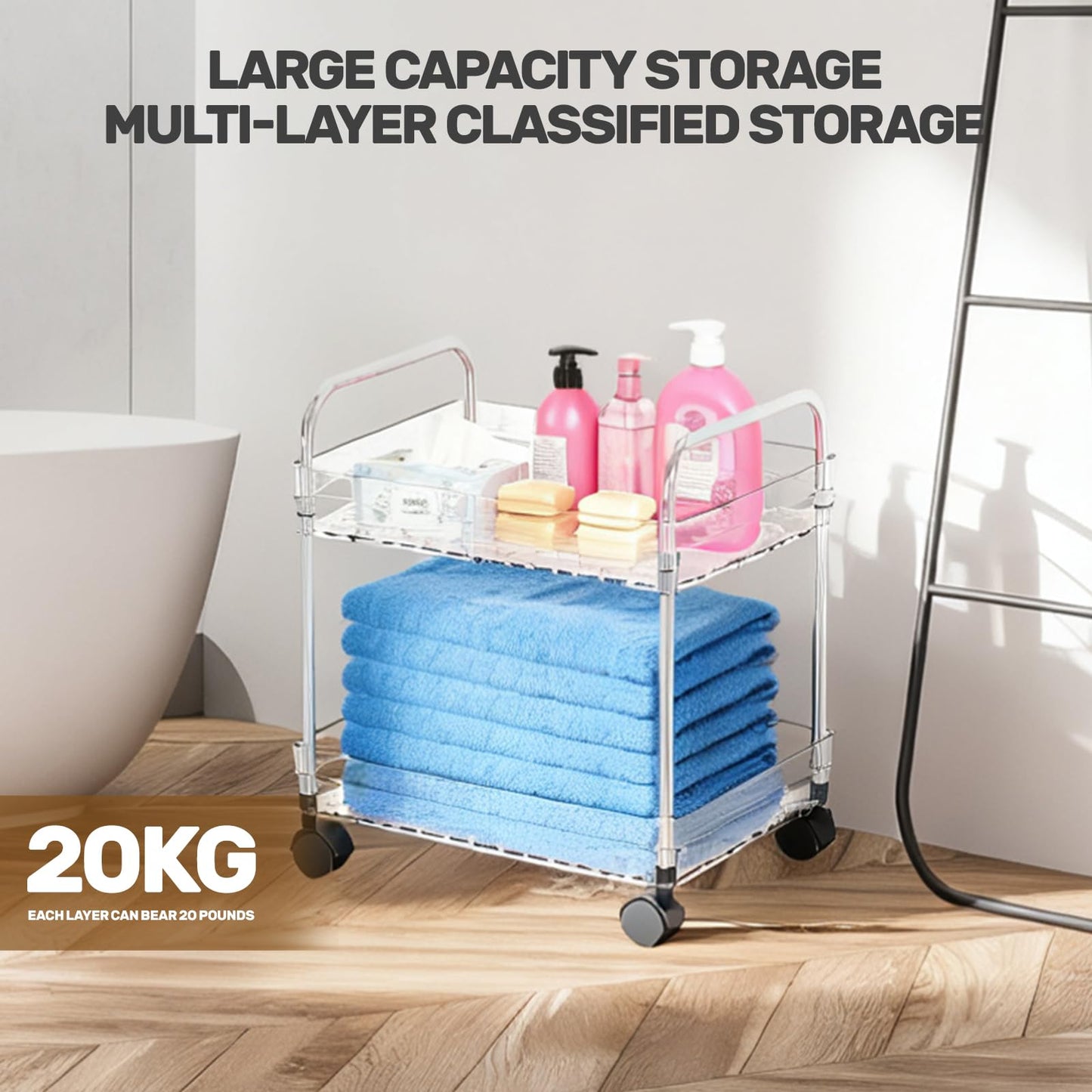 2 Tier Utility Rolling Cart with Wheels Multifunctional Storage Cart Under Desk Storage Organizer with Handle and Hooks for Home Kitchen Office Bathroom Organization Transparent