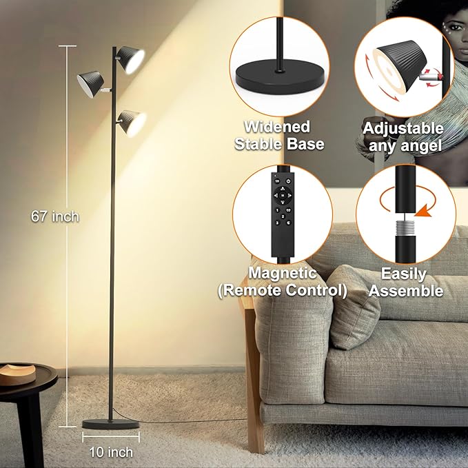 42W 4500 Lumens Super Bright LED Tree Floor Lamp for Living Rome with Remote & Touch Control, 4 Color Temperatures, Modern Stepless Dimmable 3 Rotatable Light Standing Floor Lamps for Bedroom, Black