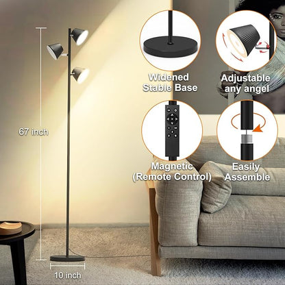 42W 4500 Lumens Super Bright LED Tree Floor Lamp for Living Rome with Remote & Touch Control, 4 Color Temperatures, Modern Stepless Dimmable 3 Rotatable Light Standing Floor Lamps for Bedroom, Black