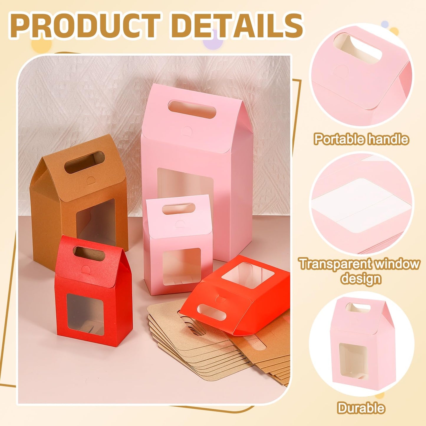 uxcell 12Pcs Gift Boxes, Favor Box with Clear Window and Handle, Stand Up Favor Treat Boxes for Candy, Cookies, Party Store, Packaging, Wedding, Pink