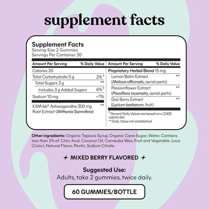 Lemme Chill Stress Relief Gummies with 300mg KSM-66 Ashwagandha, Lemon Balm, Passionflower & Goji to Support Relaxation, Healthy Cortisol & Sleep - Gluten-Free, Non-GMO, Mixed Berry (60 Count)