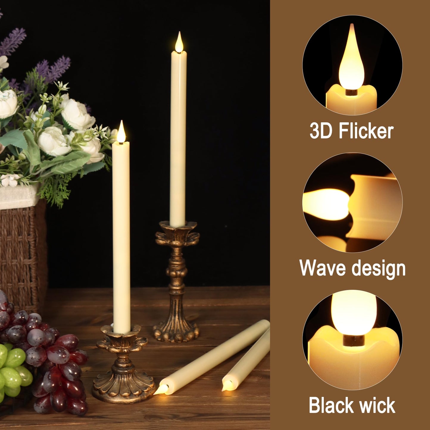 FREEPOWER 11 Inch Flameless Taper Candles with Remote,Battery Powered Candlesticks Realistic Flickering,Ivory Led Candlestick with 3D Wick for Christmas Home Wedding Decor (Pack of 6)