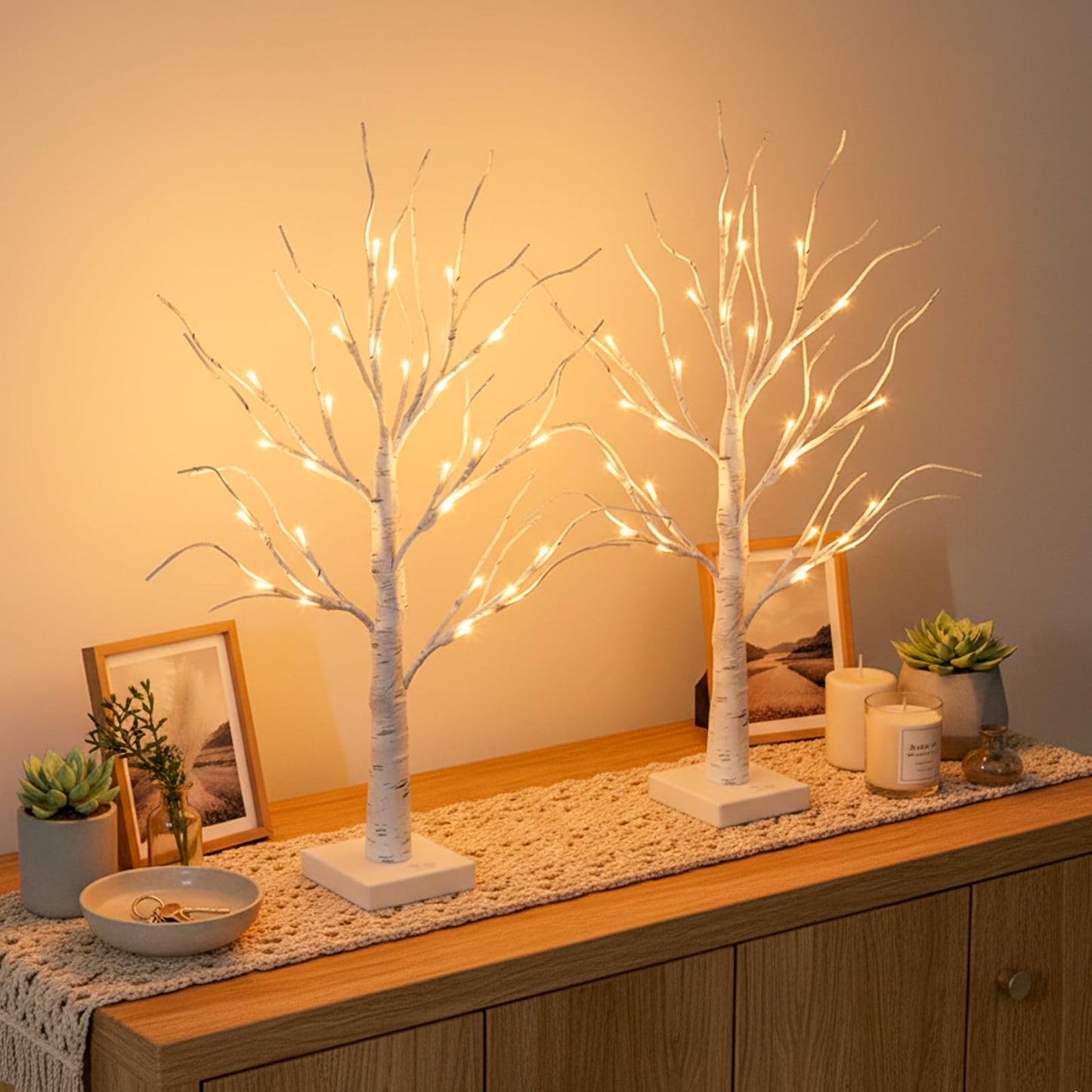 EAMBRITE Lighted Birch Tree Home Decor, Christmas Decorations Indoor 2Pack 24 LED Light Up Tabletop Mini Small Artificial White Trees Lamp with Lights Battery Operated/USB for Table Mantel (2FT)