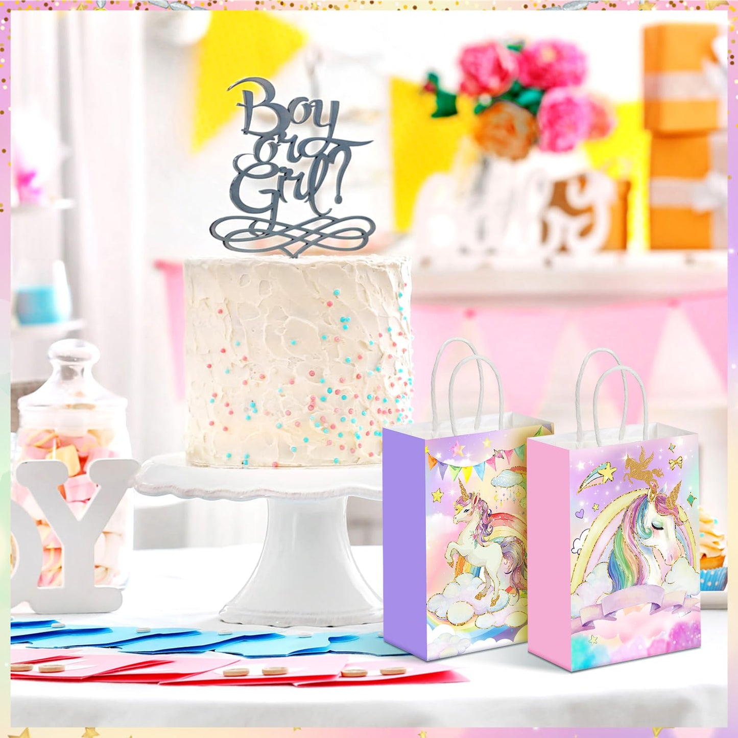 Kolldenn 24 Pcs Unicorn Party Favor Bags for Birthday Party Supplies Cute Unicorn Gift Goodie Paper Bags with Handles Rainbow Goody Treat Candy Pouch‌ for Girls Birthday Baby Shower Decorations
