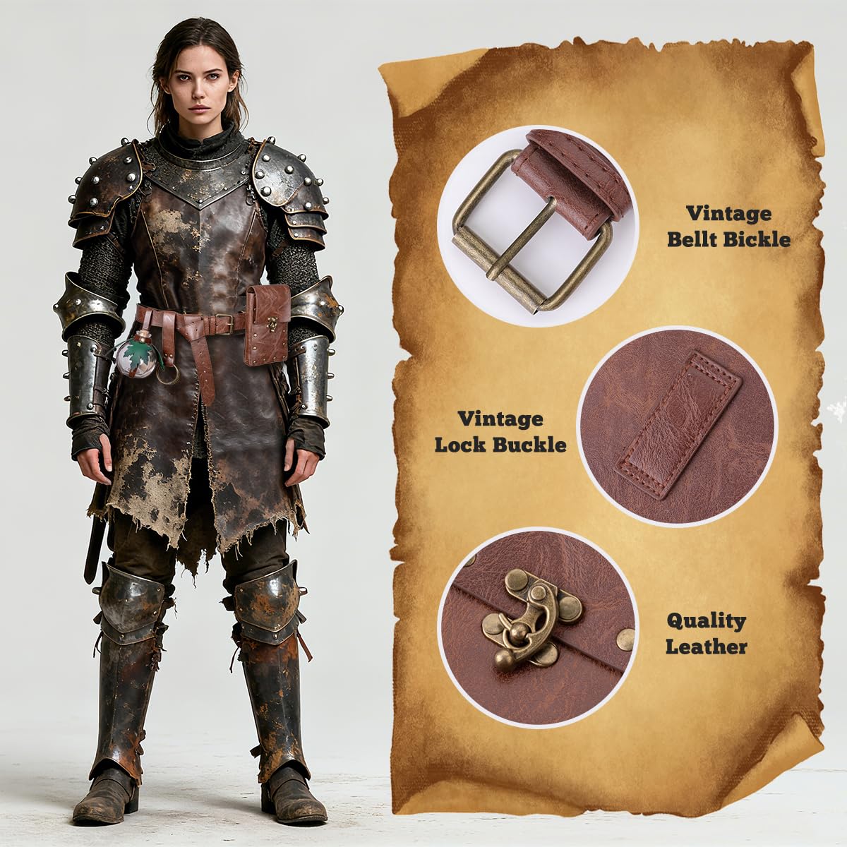 Medieval Steampunk Renaissance LARP Set - Steampunk Belt Leather Belt Bag Potion Bottle Holder & Adjustable Arm Guards for Cosplay Halloween & Festivals