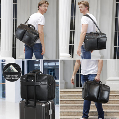 Masa Kawa Black Leather Briefcase Messenger Bag Men Expandable 17 Inch Laptop Business Travel Duffel Crossbody Shoulder Weekender Overnight Bags,Large