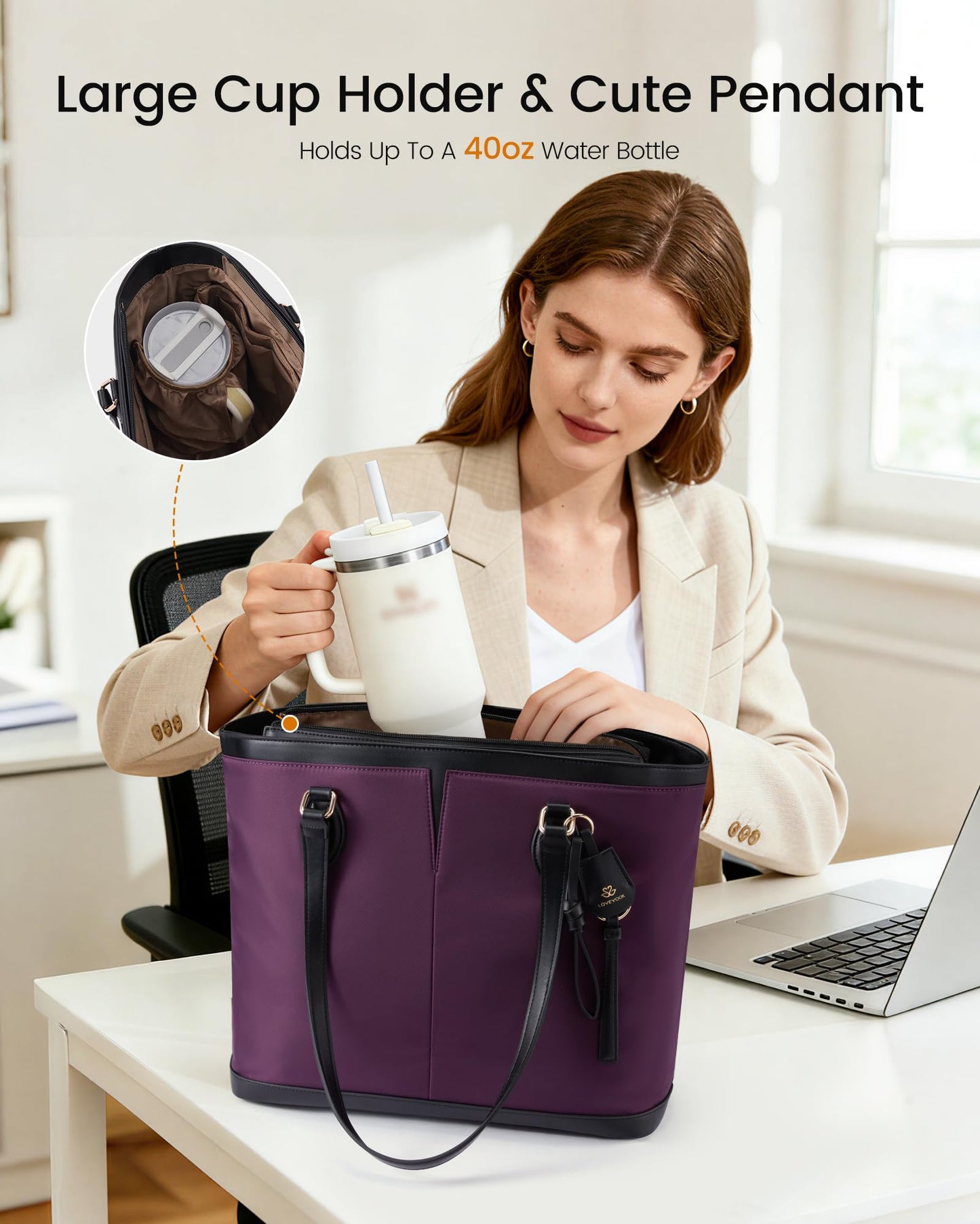 LOVEVOOK Laptop Tote Bag for Women, 17.3 Inch Lightweight Work Computer Bag with Cup Holder, Waterproof Office Briefcase Travel Handbag Purse Gifts for Women Purple-Black