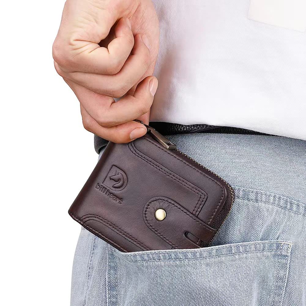 bill heart Men Wallet with Zipper Genuine leather Bifold Purse for Mens ID Window and Coin Pocket…