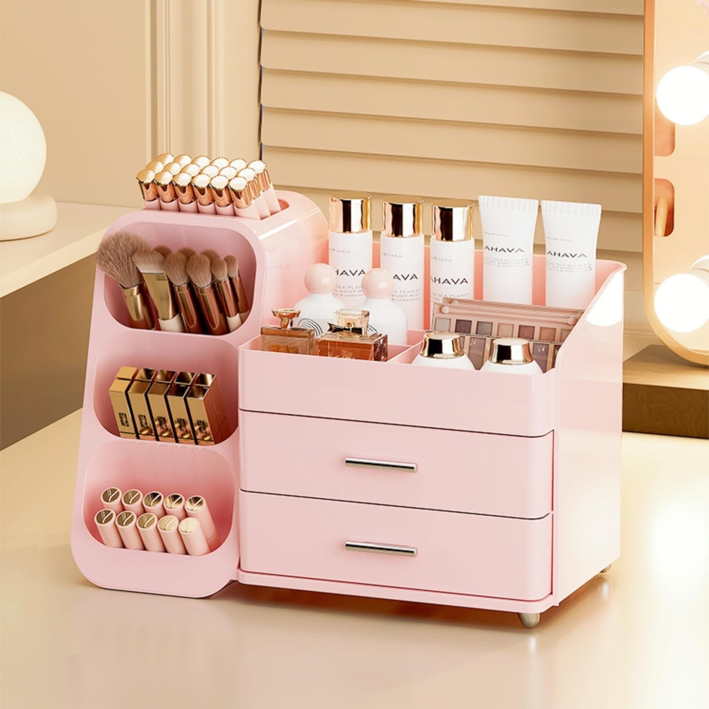KQJS Makeup Organizer with Drawers,Large Capacity Countertop Organizer for Vanity,Bathroom and Bedroom Desk Cosmetics Organizer,Easy To Storage Skincare,Brushes,Lotions (All Pink)