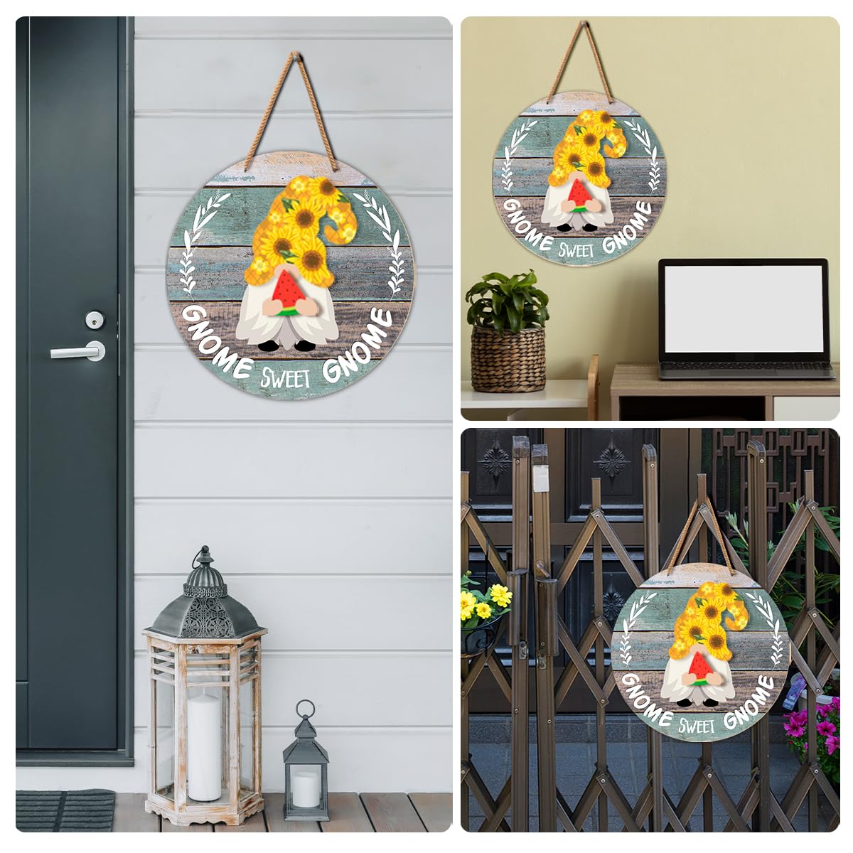 Interchangeable Gnome Welcome Sign Summer Patriotic 4th of July Door Decoration, Changeable Front Porch Decor Wood Wreath Gnomes Gifts for Spring Fall Winter All Seasons Holiday, Antique Blue
