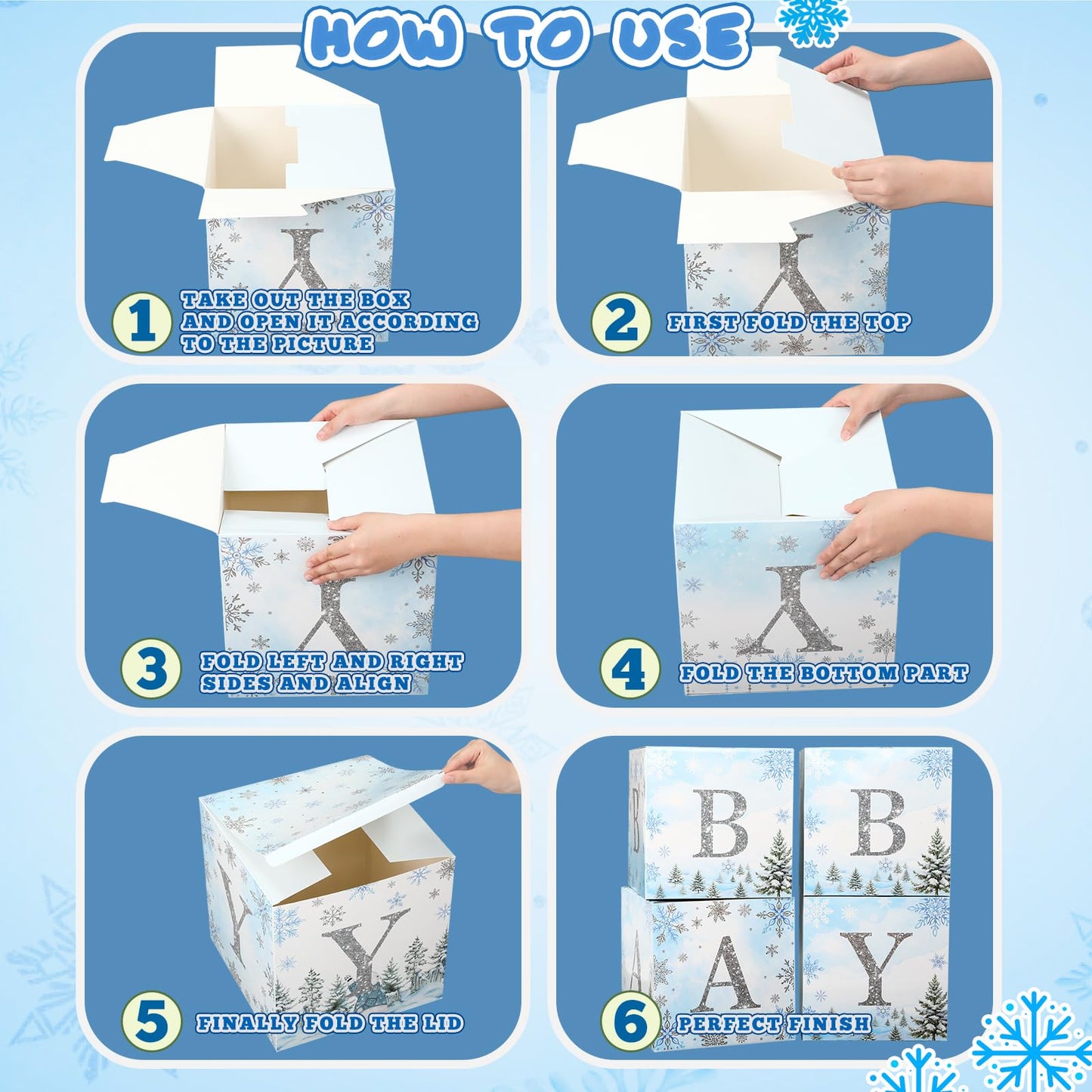 AmazingSpark 4 Pcs Winter Snowflake Blue Baby Shower Decoration Boxes with Letters Winter glitter Snowflake Wonderland Box Block Baby Shower Backdrop Centerpiece for Party