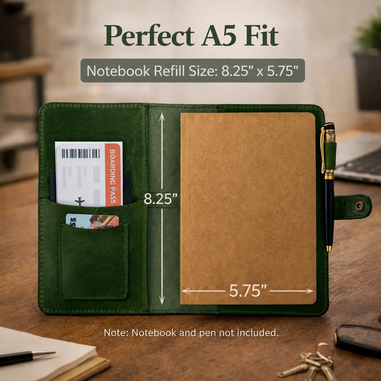 TheAntiq Genuine Leather A5 Journal Cover with Snap Closure – Handmade Refillable Notebook with Card Slots, Pen Holder, Travel Writing Diary for Office & Gift Use 5.75 x 8.25 (Green)