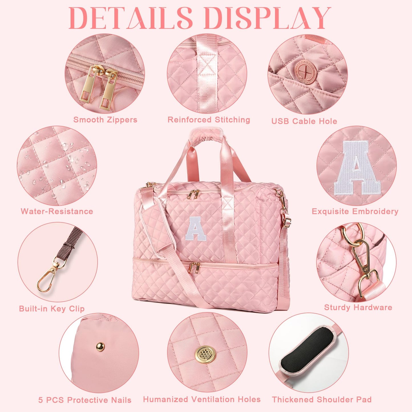 Personalized Initial Travel Bag, Quilted Duffle Bag, Weekender Bag for Women with Cosmetic Bag, Gym Bag with Shoe Compartment, Carry on Overnight Bag, Hospital Bag for Labor Delivery (Pink, A)