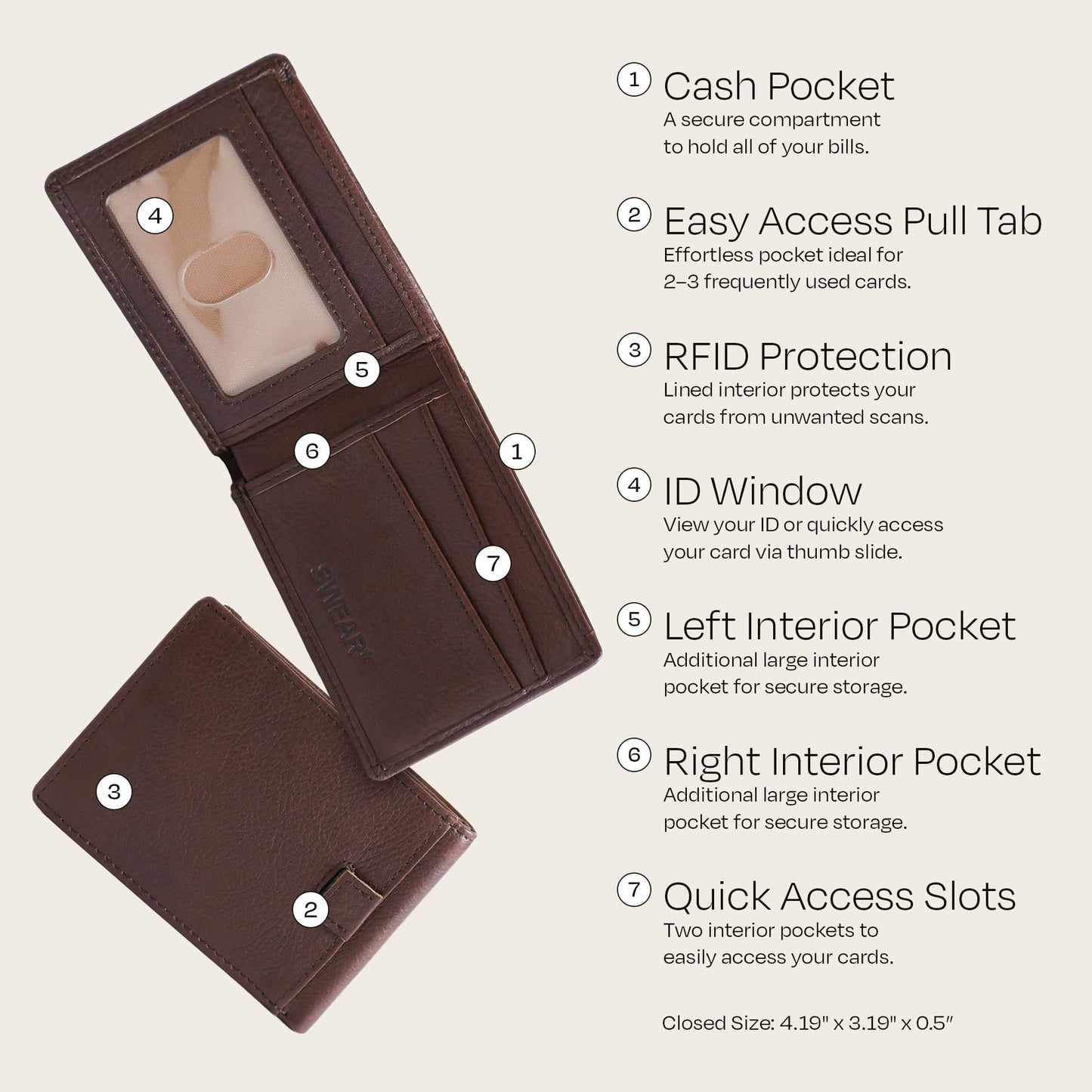 Swear Brands Full-Grain Leather Wallet | Slim RFID Blocking Bifold Design with Cash Pocket & Card Pull Strap | Holds 1-12 Cards | Stylish & Durable (Walnut)