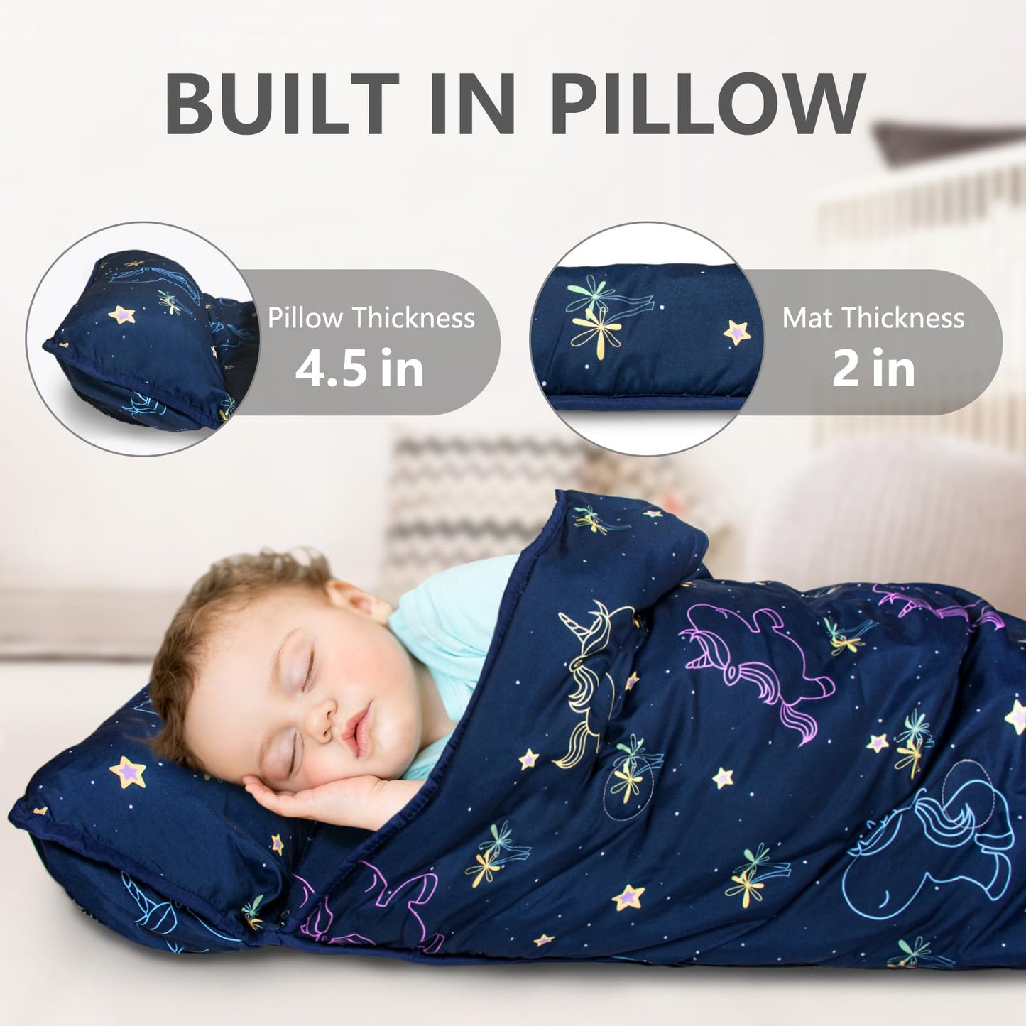 Primlect Thickened Toddler Nap Mat with Removable Pillow and Minky Blanket, Extra Large 55''x35'' Sleeping Bag, Washable, Roll up, Perfect for Daycare, Preschool, Kindergarten, Boys and Girls Unicorn