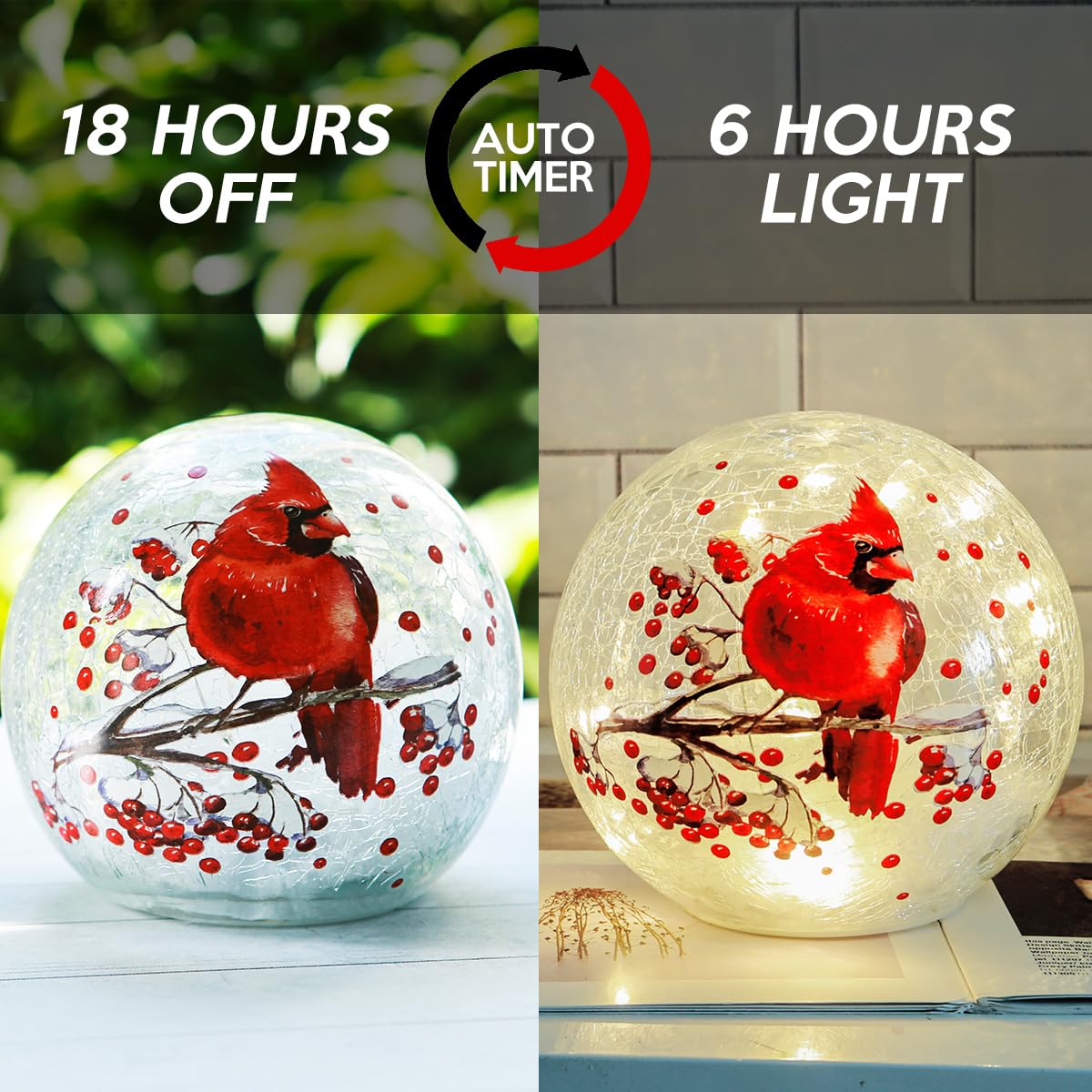 Cordless Crackle Glass Ball Cardinal Lamp with Timer, Battery Operated Led Red Bird Stained Christmas Decor Accent Sphere Table Lamp, Mother's Day Gift, Lighted Orb Cardinal Globe Desk Night Light