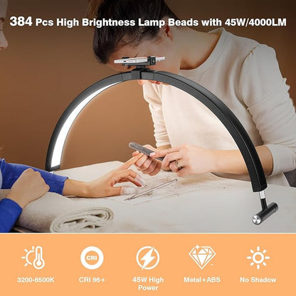 Nail Light for Desk, 30'' LED Half Moon Lamp for Nail Techs, Manicure and Handicraft, Adjustable Color Modes and Brightness, with Phone Holder (Black)
