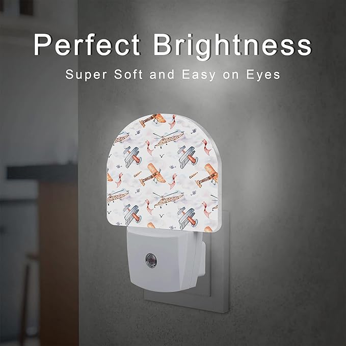 Funny Cartoon Airplanes Night Light, Retro Watercolor Planes Dusk to Dawn Night Light Plug in,0.5w Energy Saving Sleep Friendly NightLight for Kids Boys Girls Home Decor