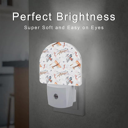 Funny Cartoon Airplanes Night Light, Retro Watercolor Planes Dusk to Dawn Night Light Plug in,0.5w Energy Saving Sleep Friendly NightLight for Kids Boys Girls Home Decor