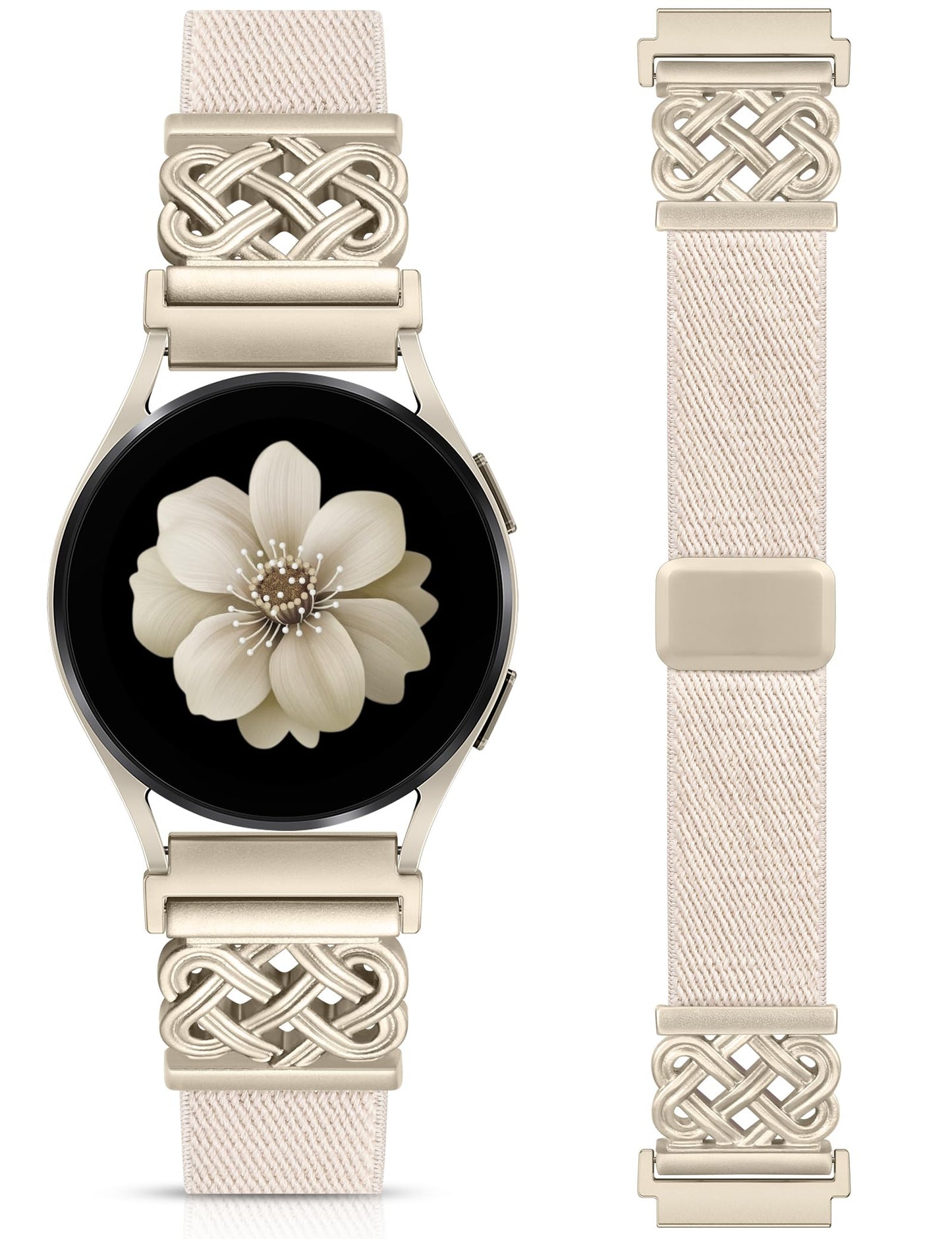 Minyee Magnetic Stretchy Band Compatible with Samsung Galaxy Watch 7/6/5/4/FE/Active 2 40mm 44mm/Watch 6 Classic 43mm 47mm/5 Pro 45mm Women, Celtic Knot Soft Elastic Nylon Fabric Strap,Champagne Gold