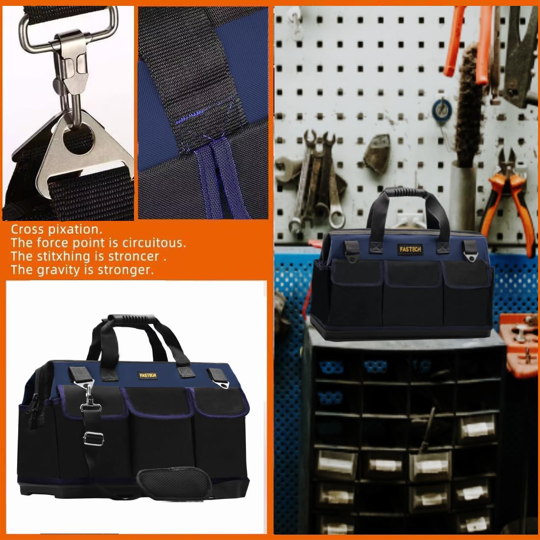FASTECH 22in Heavy Duty Bottom Tools Bag With Wide Mouth For Tool Storage, Carrier and Organizer, Tote Bag for Men/Women, Wide Mouth Tool Bags With Inside Pockets (22 Inch)
