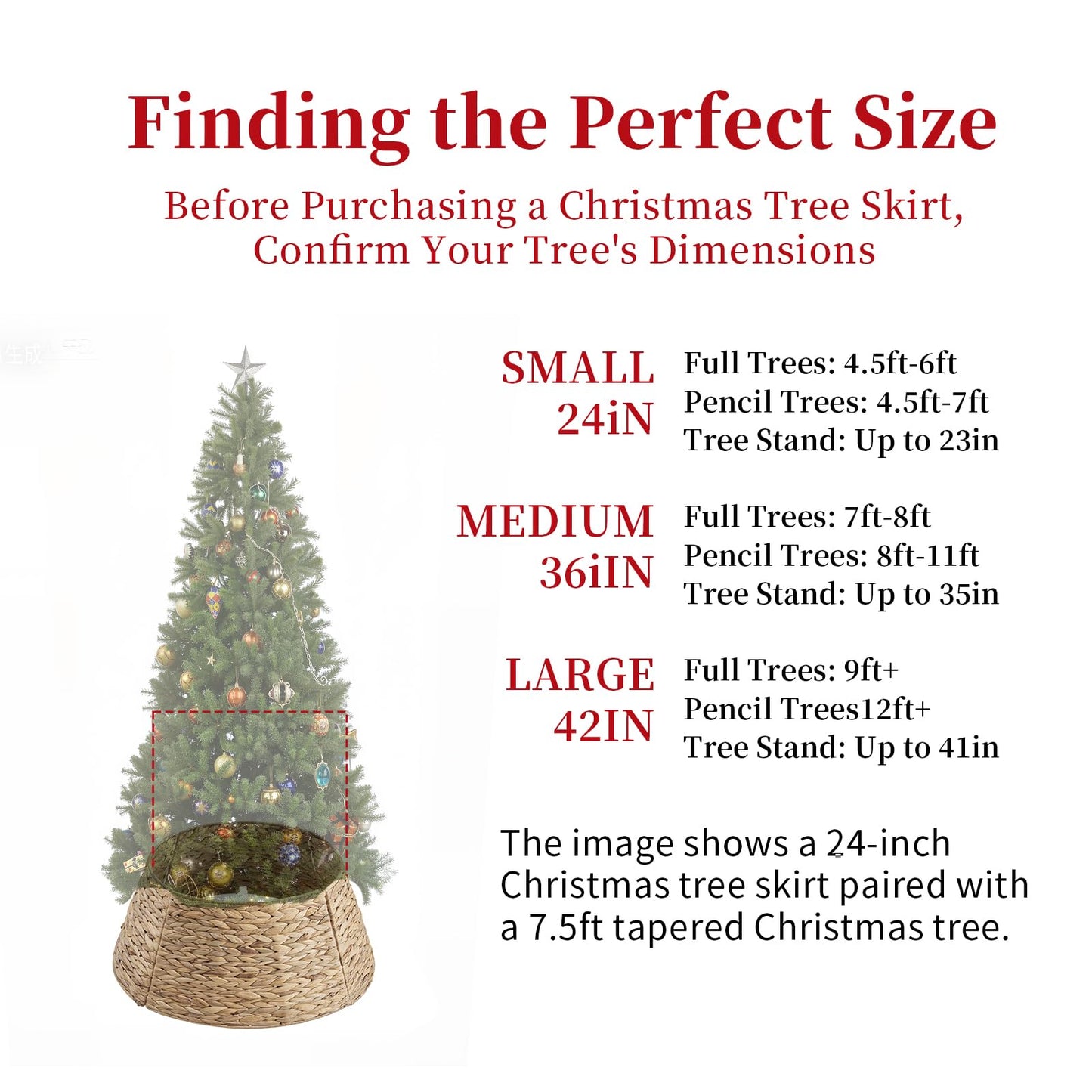 DUMOS 24in Christmas Tree Collar for 4-7ft Trees, Handcrafted Woven Hyacinth Rattan 4-Panel w/Cord Access Hole & Easy Lock Design, Holiday Decor, Natural