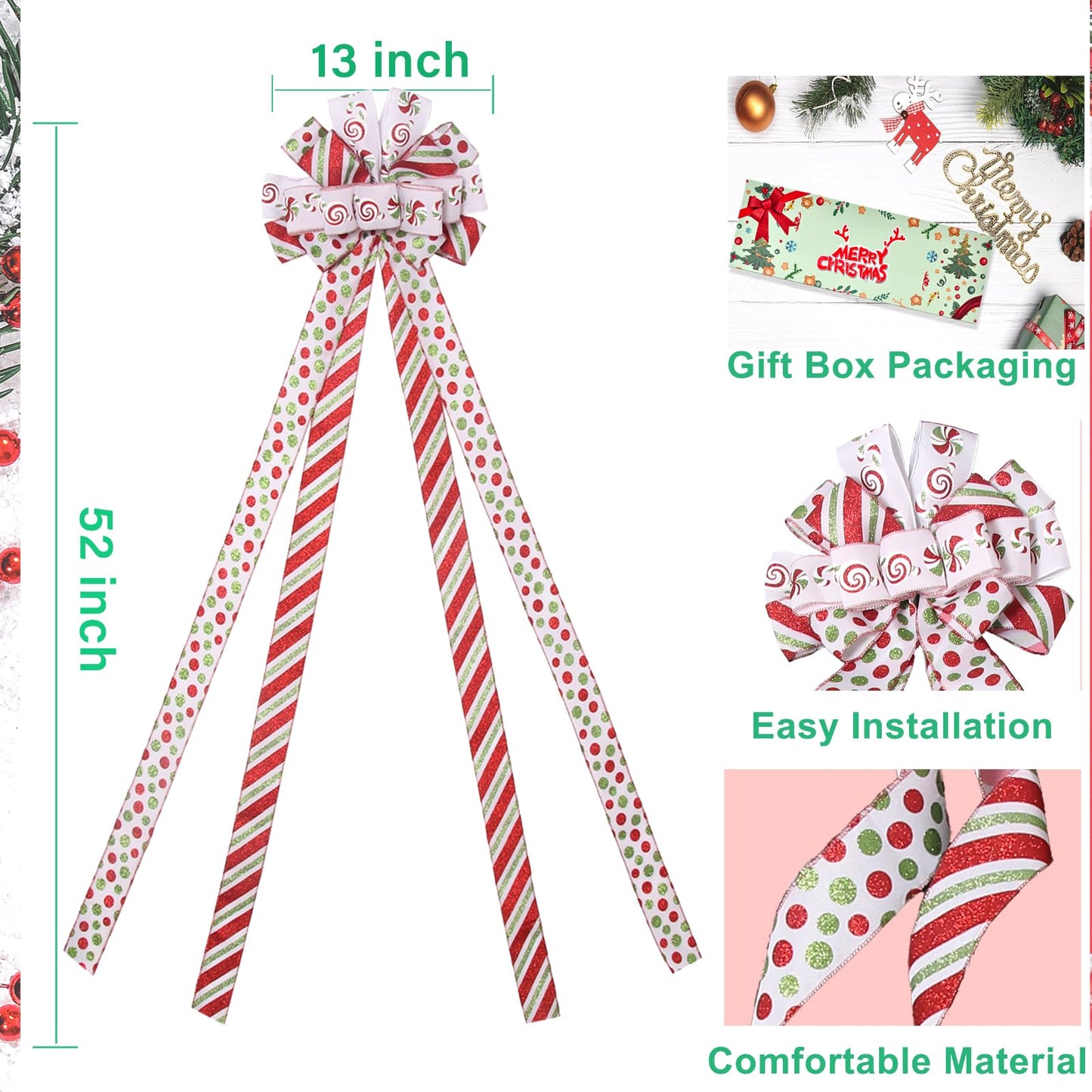 Christmas Tree Topper Wreath Bow Large Green Christmas Bow Tree Topper with Red Green Red Stripes Candy Patterned Gift Bows for Xmas Holiday Home Thanksgiving Indoor/Outdoor Decoration 52"x13"