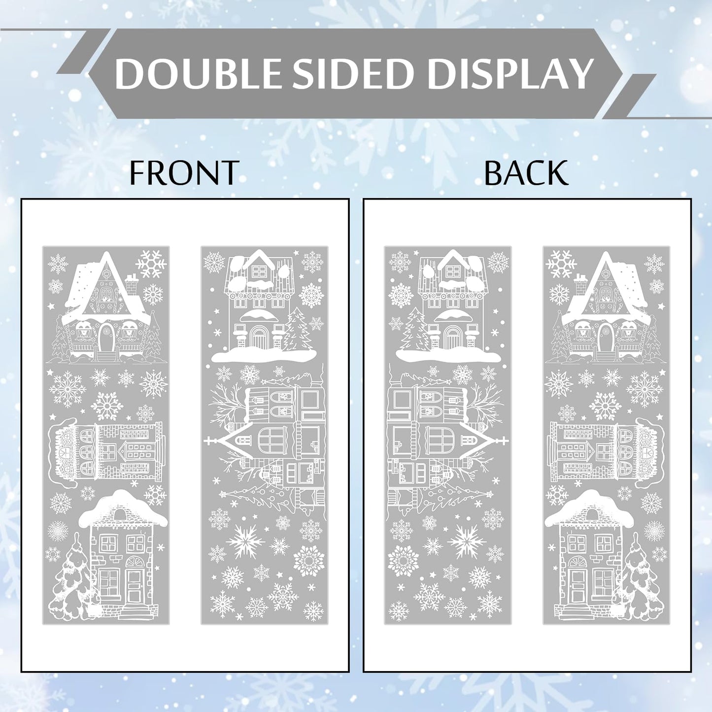 JarThenaAMCS 13.8 * 35.4'' Extra Large Christmas Window Clings 4 Sheets White House Snowflake Xmas Tree Window Stickers Double-Sided Glass Decals for Winter Xmas Home Classroom Office Party Decoration