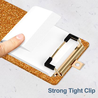Piasoenc Acrylic Clipboards, Fashion Glitter Clip Board with Low Profile Gold Clip, Designed for Classroom School and Office Use, A4 Letter Size 4 x 8 in, Orange