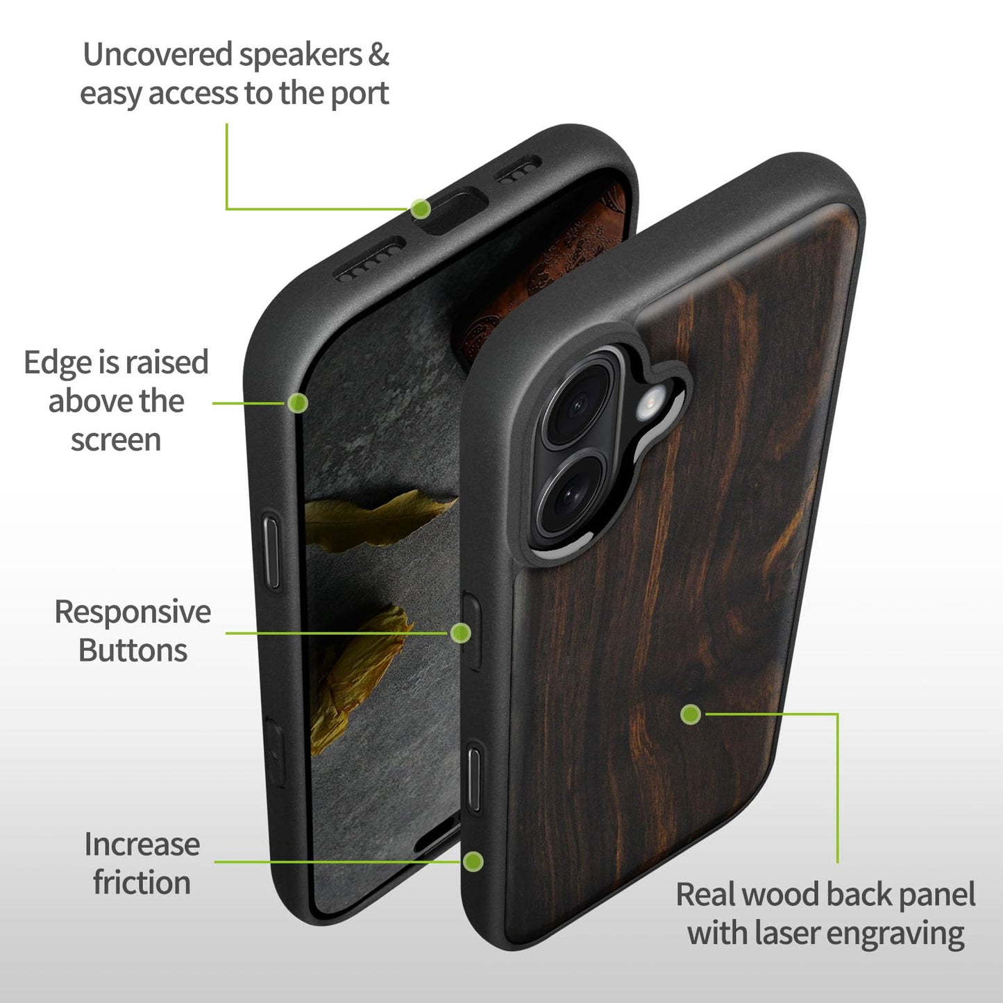Carveit Magnetic Wooden Case for iPhone 17 Case, Wood Artisan Engraved & Black Soft TPU Shockproof Cover, Compatible with MagSafe Wireless Chargers (Natural Grain) Blackwood