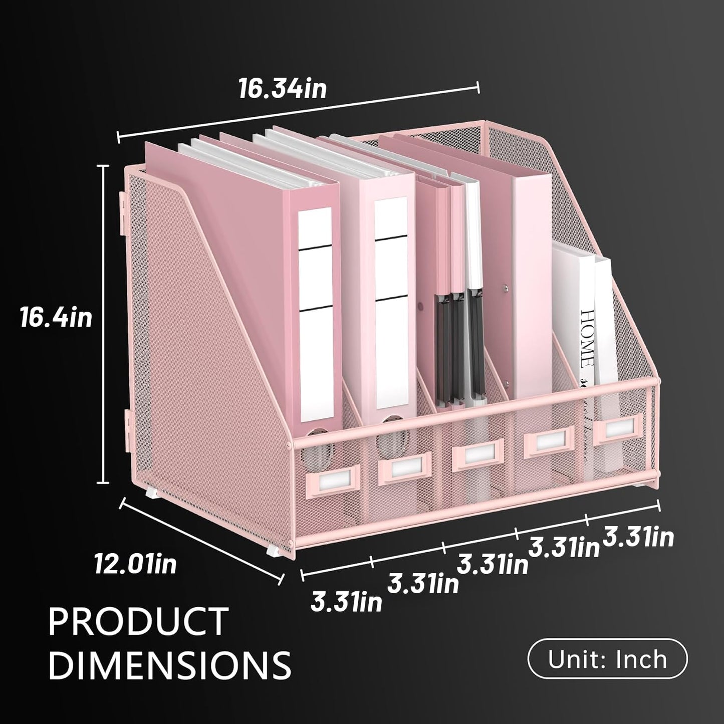 DALTACK Desk Organizers Metal Magazine File Holder with 5 Vertical Compartments Folder Storage Binder Organizer for Office Home School Organization, Pink Plus