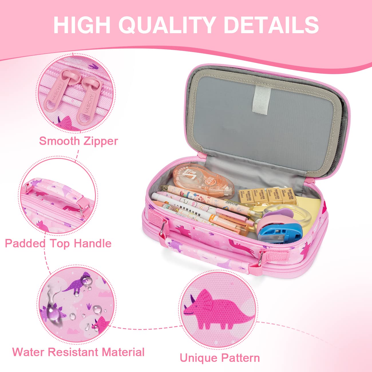 VASCHY Pencil Case for Girls, Aesthetic Kawaii Large Pencil Pouch Stationary Pencil Bag/Box for Preppy Kids, Pen Organizer Holder School Supply Pink Dinos