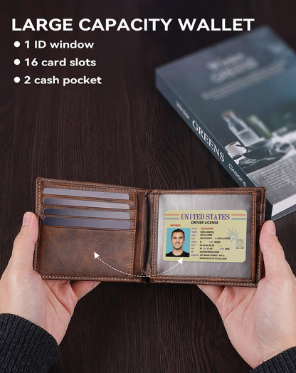 Swallowmall Genuine Leather RFID Wallet for Mens, Mens Bifold Wallet with 16 Card Holder 1 ID Window Gift for Him