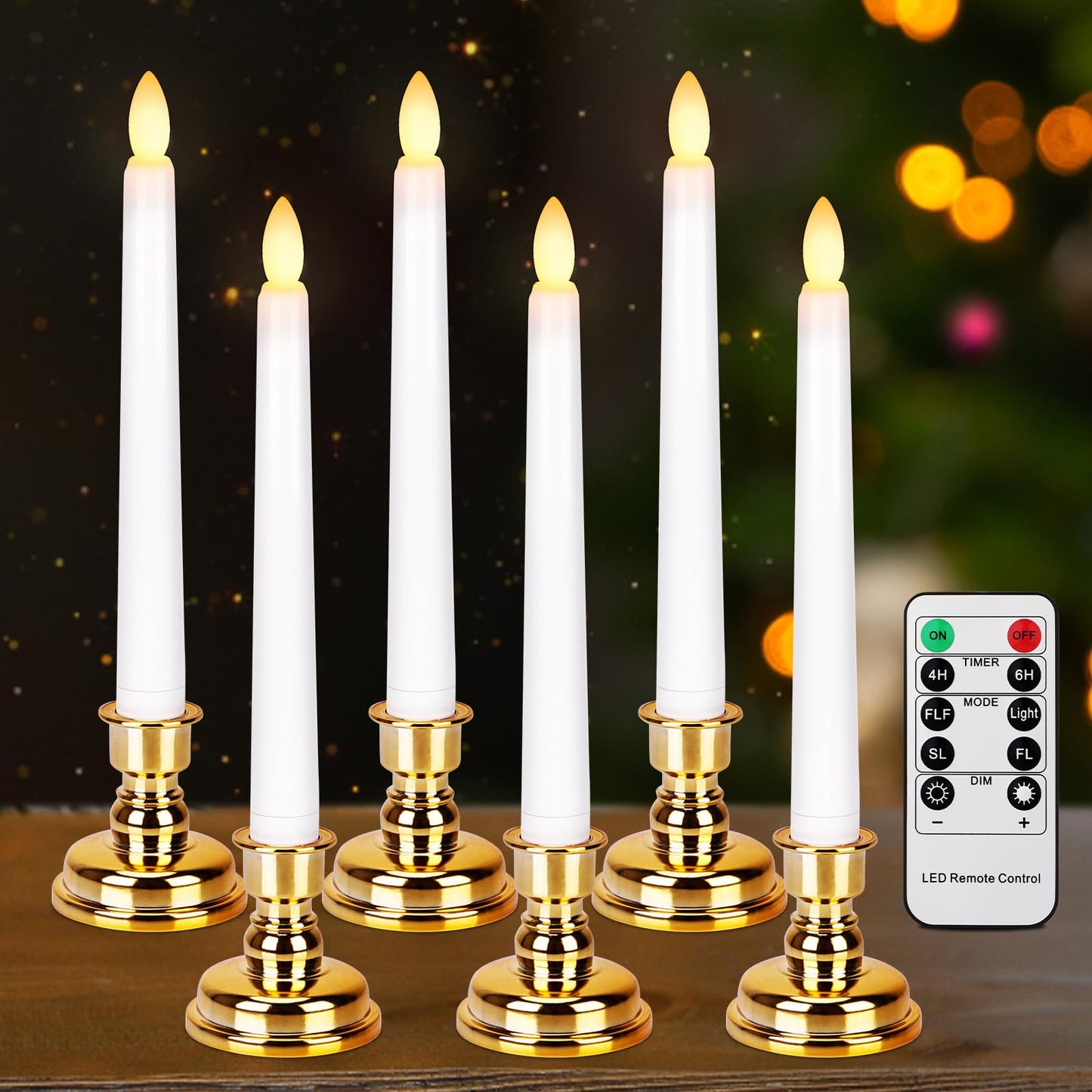 FREEPOWER Flameless Window Candles with Gold Bases, Battery Operated Taper Candle with 4H/6H Daily Timer, Remote Window Candle with Unique Flame