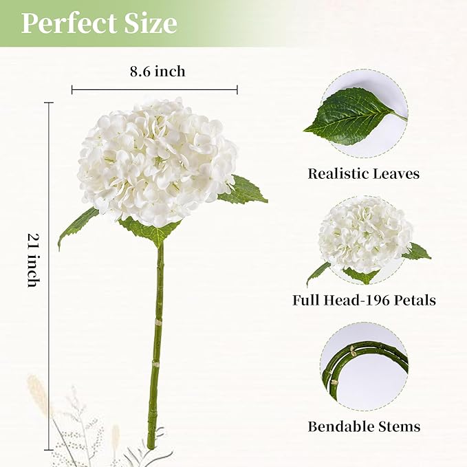 3 Pcs White Hydrangea Artificial Flowers 21" Realistic Latex Faux Hydrangeas Flowers Real Touch Full Heads, Lifelike Long Stem & Leaves for Wedding Outdoor Table Centerpieces Home Party Decoration