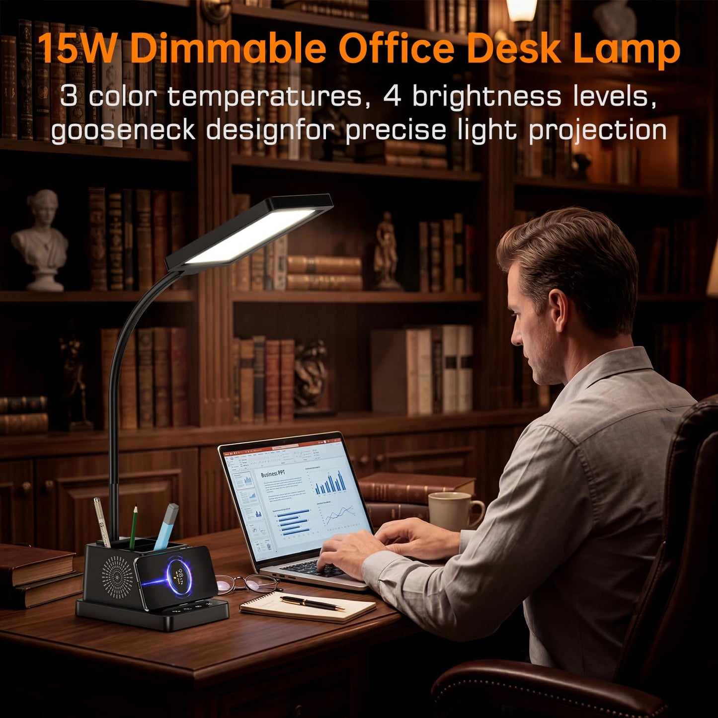 cozoo LED Desk Lamp for Home Office, 15W Bright Desk Light with Wireless Charger Pen Holder, Gooseneck Small Table Lamp for Bedroom, Study, Reading, Work, Task, Craft, College Dorm Room Accessories