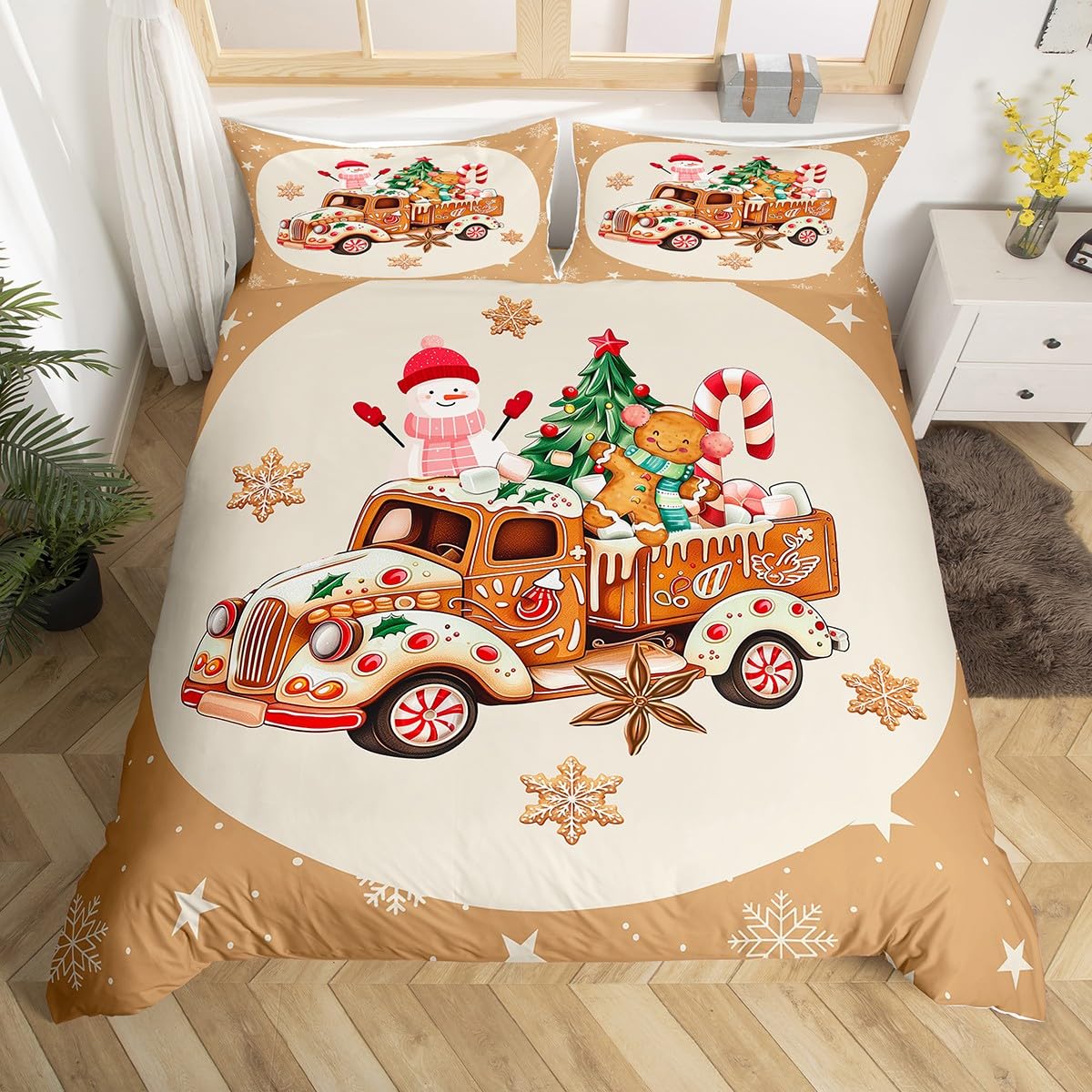 Manfei Gingerbread Truck Duvet Cover Set Queen,Xmas Snowman and Gingerbread Man Bedding Set 2 Pcs for Boys Girls,Cartoon Candy Cream Comforter Cover,Brown Christmas Theme Quilt Cover,Not Comforter