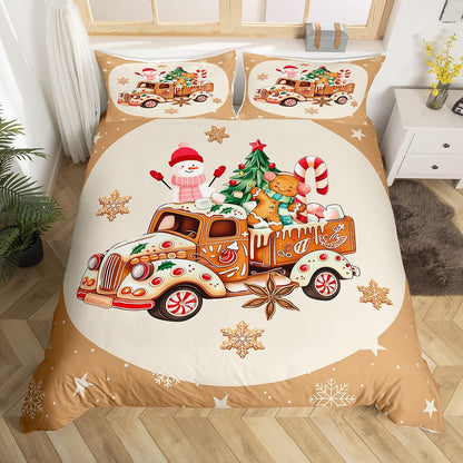 Manfei Gingerbread Truck Duvet Cover Set Queen,Xmas Snowman and Gingerbread Man Bedding Set 2 Pcs for Boys Girls,Cartoon Candy Cream Comforter Cover,Brown Christmas Theme Quilt Cover,Not Comforter