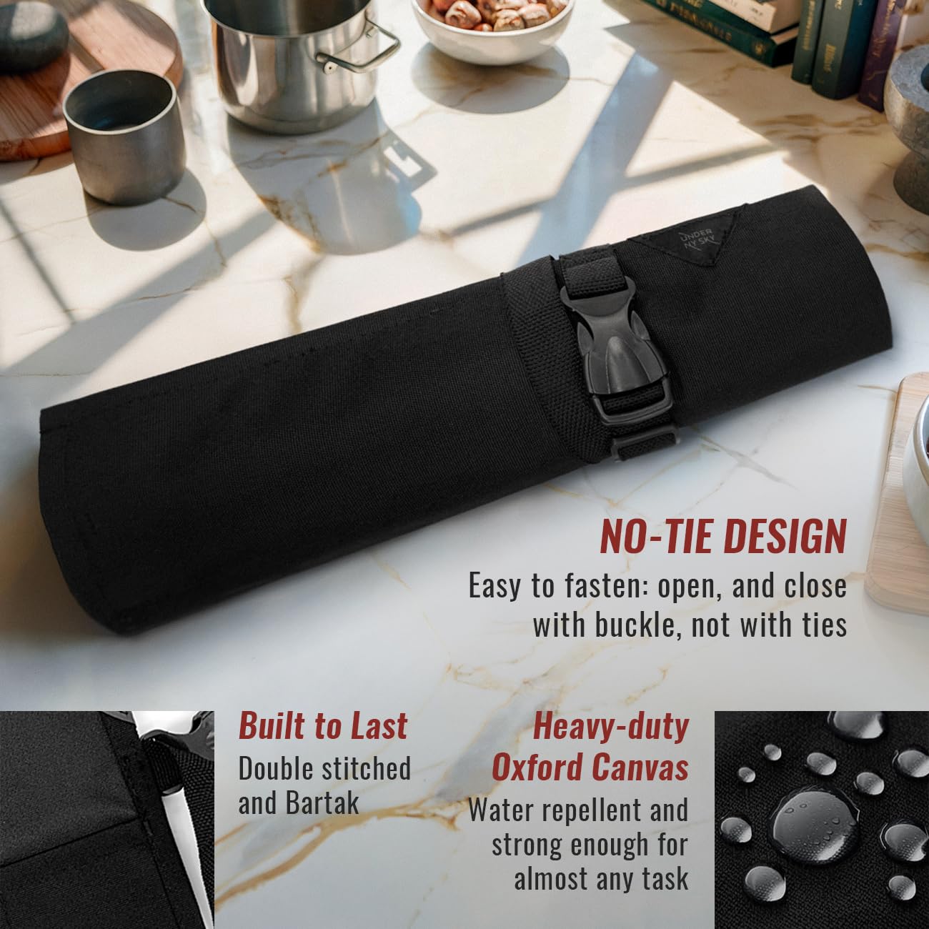Under NY Sky Knife Roll Case - 6 Slots - Heavy Duty Oxford Canvas Pouch - Leather Reinforced - Portable Bag for Cooking Tools, Utensils, Cutlery Knives, Brushes - Chefs, Kitchen, Travel, Gift - Black