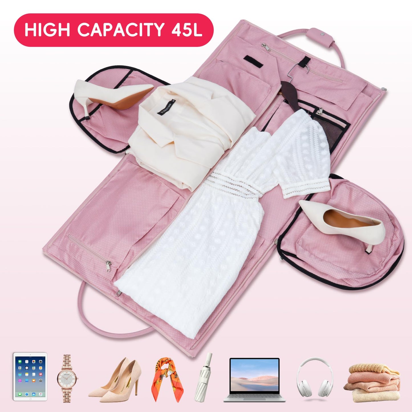 Modoker Leather Garment Bag for Travel – 2-in-1 Carry-On Suit Bag & Weekender for Women – Wedding Dress Luggage with Shoe Compartment & Shoulder Strap – Ideal for Business Trips,Pink