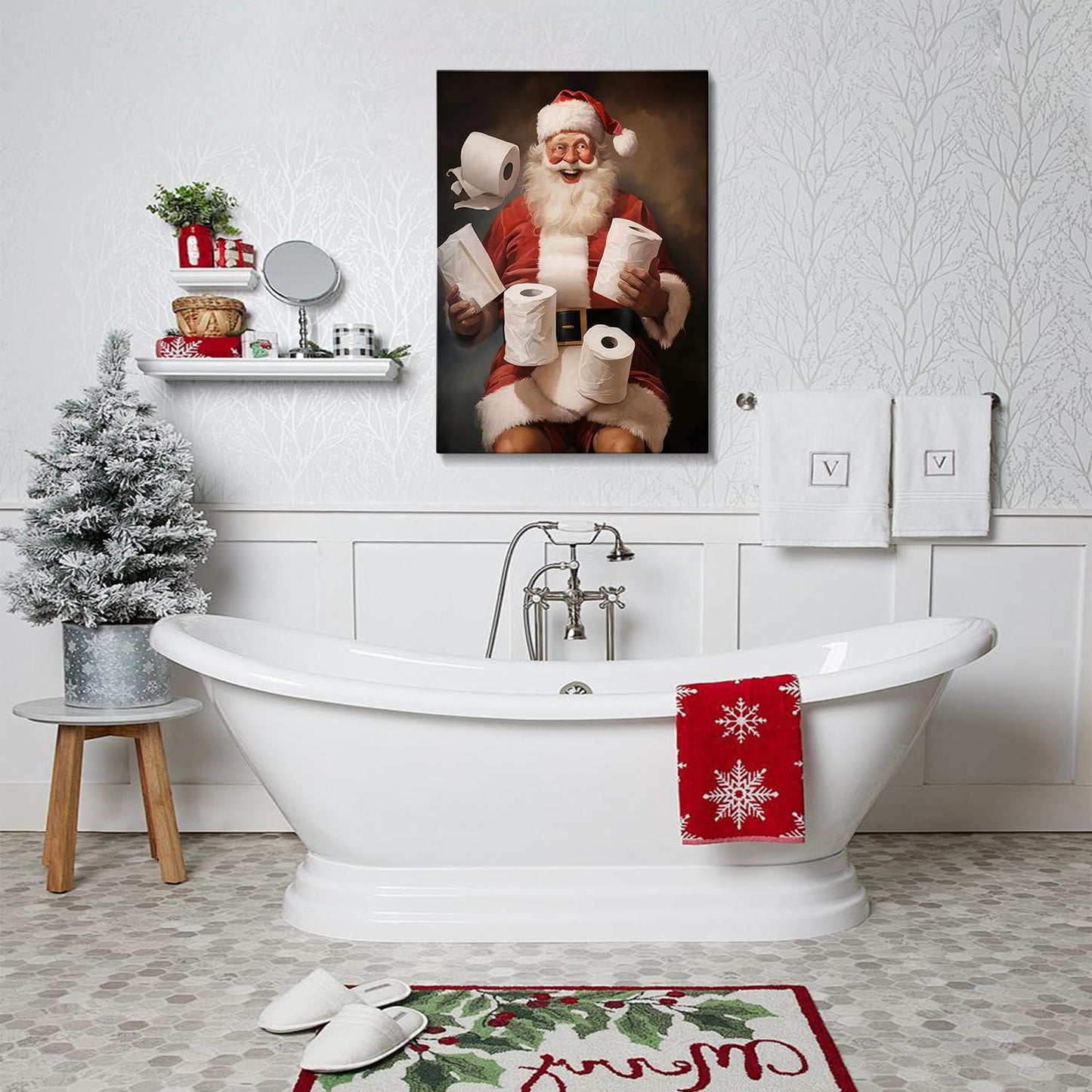 Funny Santa Christmas Canvas Wall Art for Bathroom, Humorous Framed Canvas Prints Ready to Hang, Unique Christmas Gifts for Home & Office Christmas Decorations
